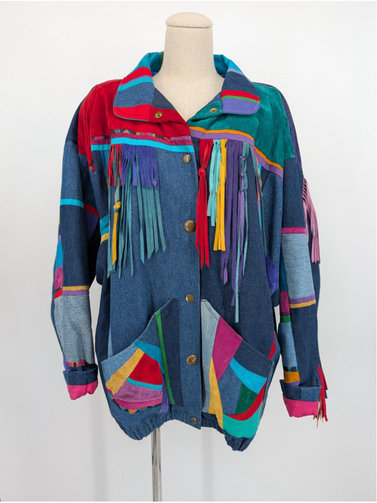 Jackets & Blazers - Vtg 90s Santa Fe Re-Creations L Mixed-Media Denim Suede Fringe Patchwork Jacket
